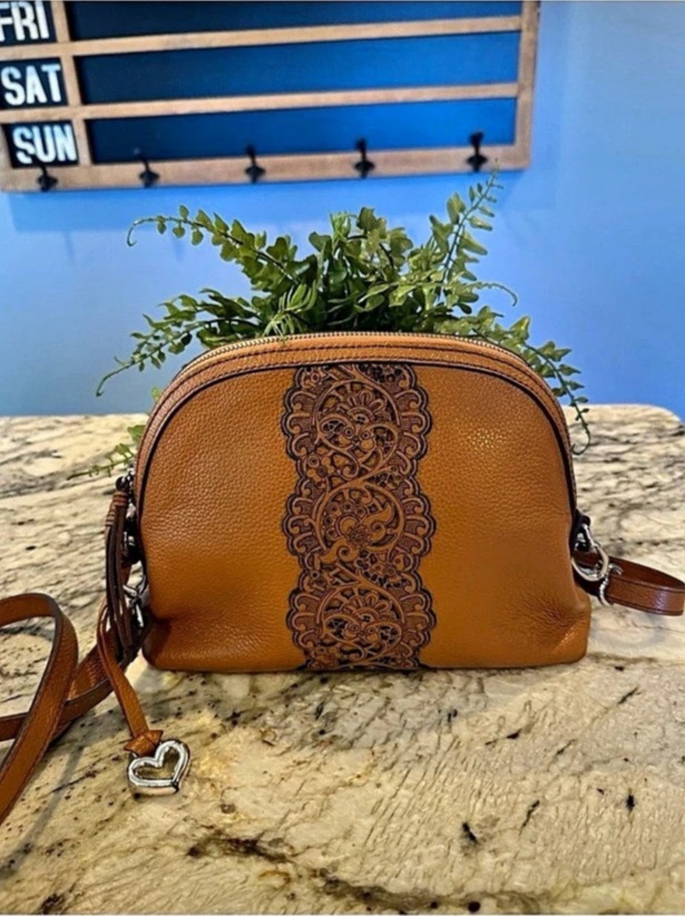 Brighton Clio Dome Crossbody Purse Brown Leather Floral Tooled Heart Charm EUC